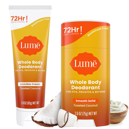 Lume Whole Body Deodorant – Aluminum Free, 72-Hour Odor Control – Toasted Coconut (Cream Tube + Solid Stick Bundle)