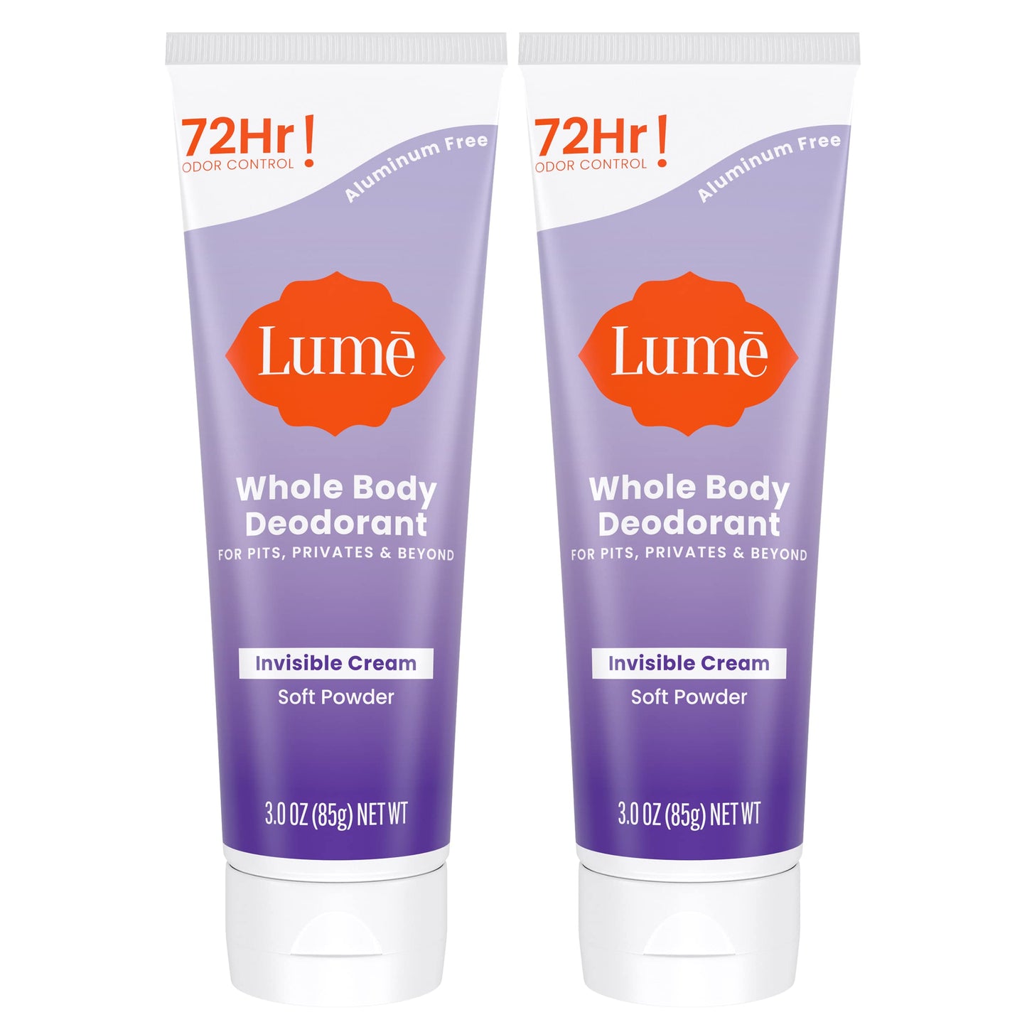 Lume Whole Body Deodorant - Invisible Cream Tube (2-Pack) | 72-Hour Odor Control | Aluminum & Baking Soda Free | Soft Powder