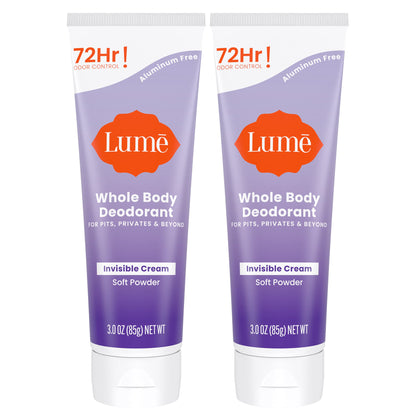 Lume Whole Body Deodorant - Invisible Cream Tube (2-Pack) | 72-Hour Odor Control | Aluminum & Baking Soda Free | Soft Powder