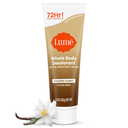 Lume Whole Body Deodorant - Invisible Cream Tube | 72-Hour Odor Control | Aluminum & Baking Soda Free | Vanilla Bliss