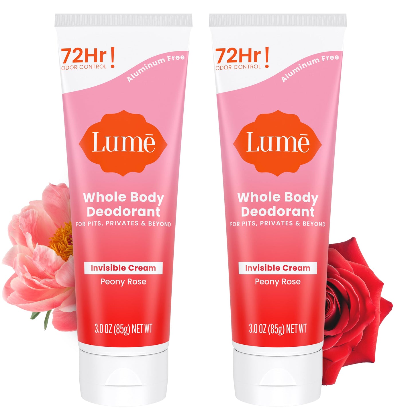 Lume Whole Body Deodorant - Peony Rose Invisible Cream - 72-Hour Odor Control - Aluminum & Baking Soda Free - 3.0 oz Pack of 2