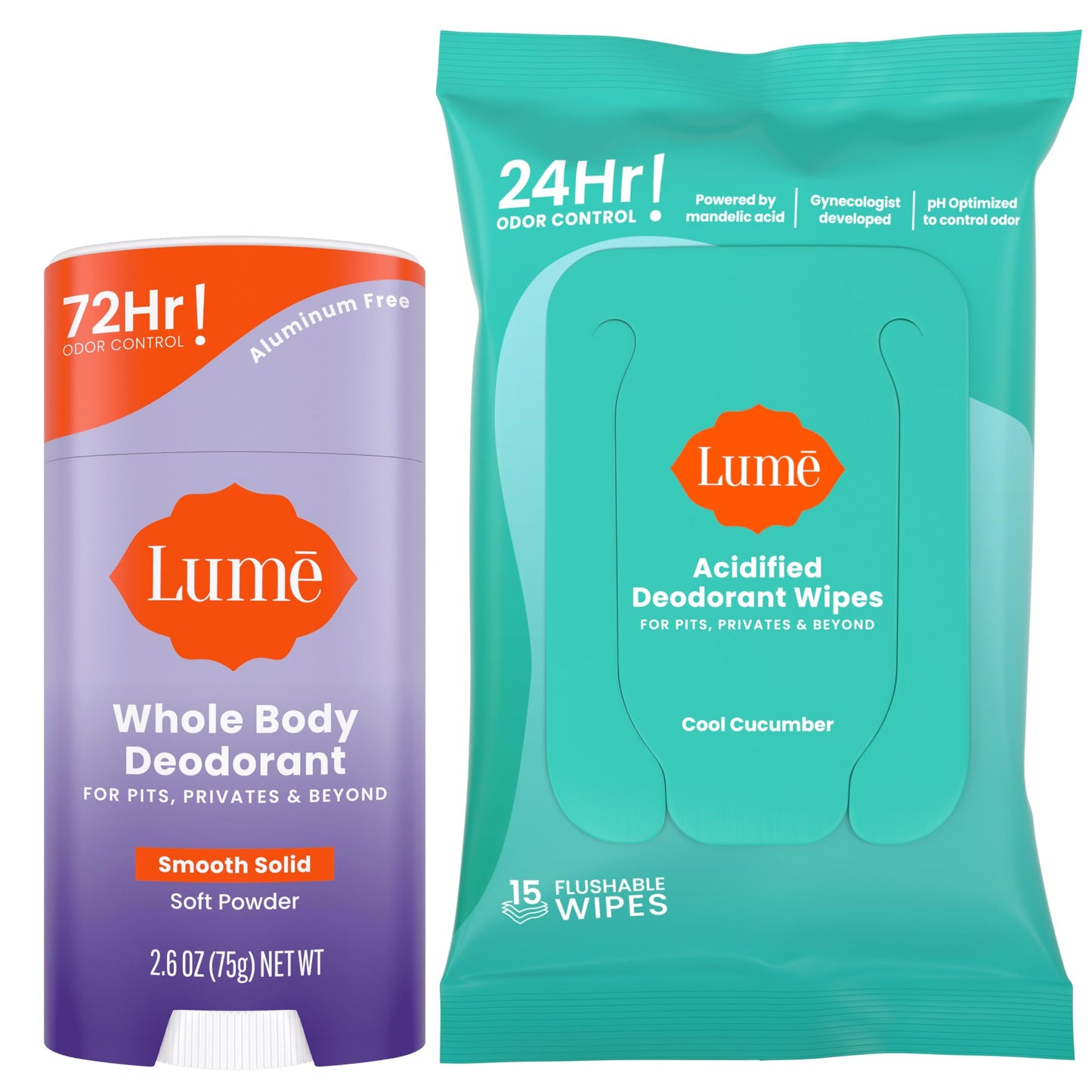 Lume Whole Body Deodorant – Doctor Developed, Smooth Powder Stick & Flushable Wipes (Aluminum & Baking Soda Free)