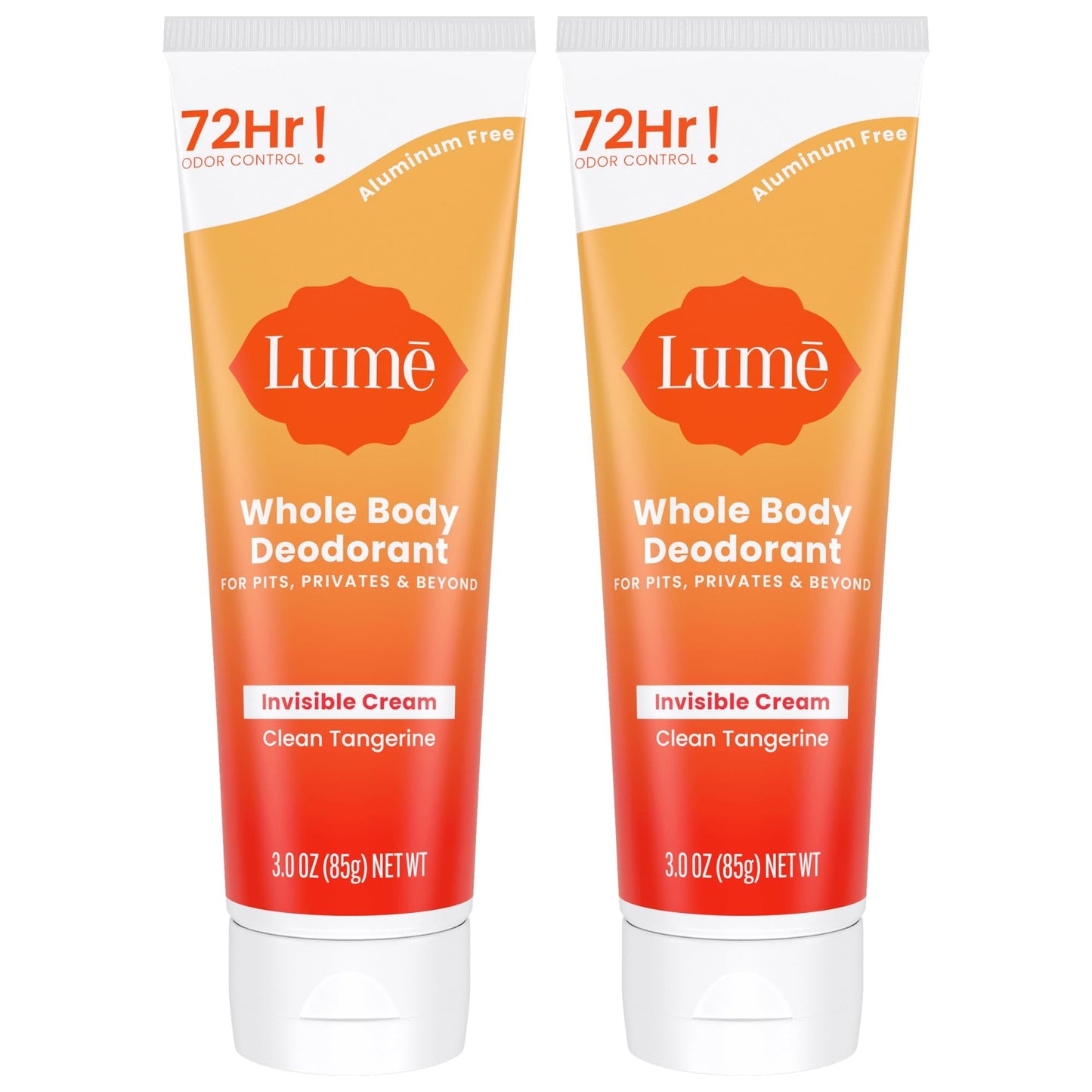 Lume Whole Body Deodorant - Invisible Cream Tube, 72-Hour Odor Control, Aluminum & Baking Soda Free - Clean Tangerine (Pack of 2)