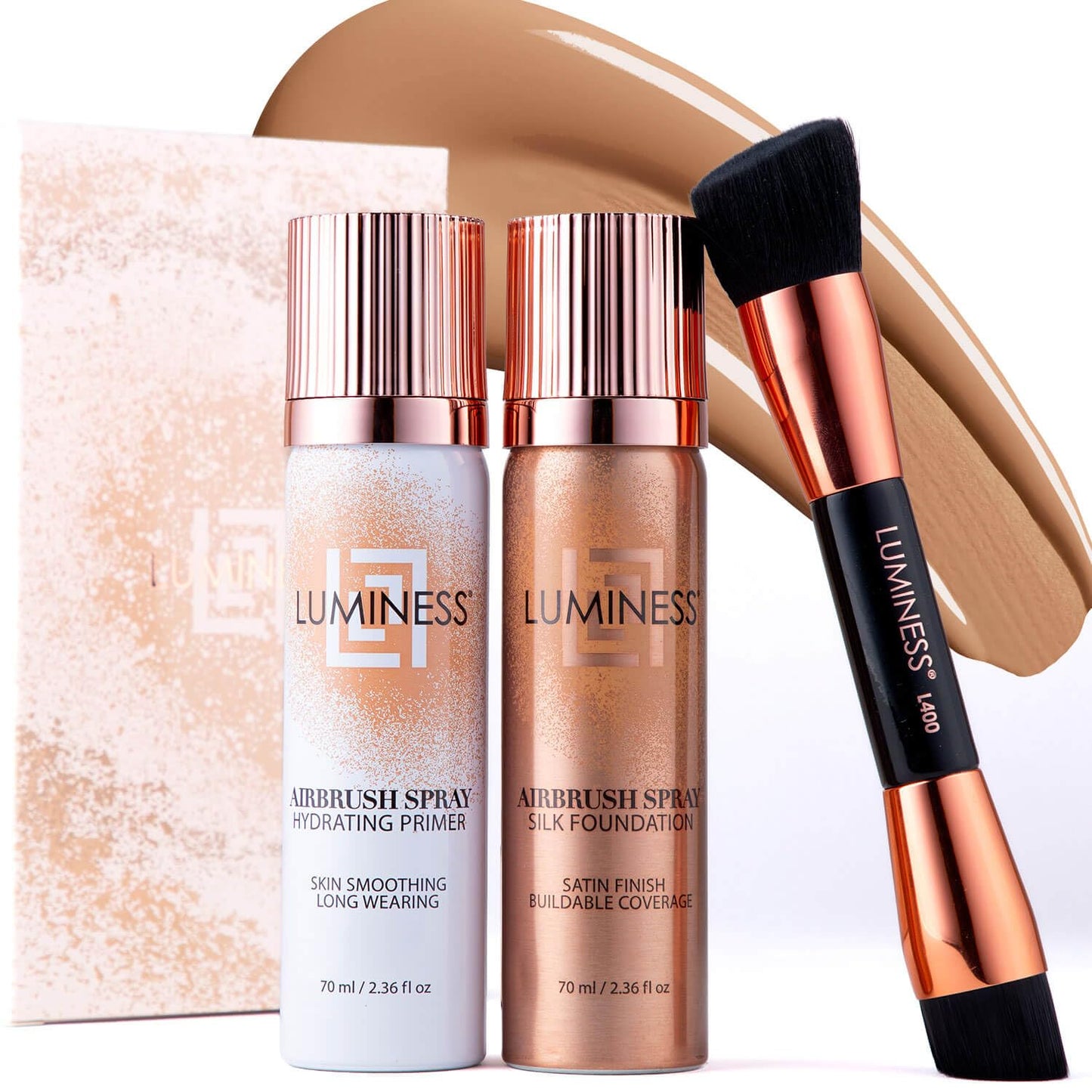 LUMINESS Airbrush Silk Foundation Starter Kit – Warm | Medium Shade, Hydrating Primer & Brush