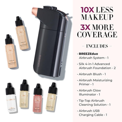 Luminess Breeze Duo Airbrush Makeup System – Medium Coverage, 9-Piece Kit with 2 Silk Foundations