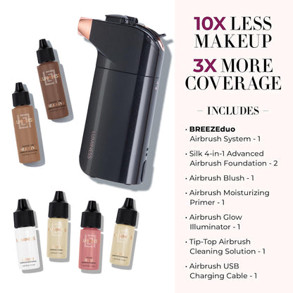 LUMINESS BREEZE DUO Airbrush Makeup System – 9-Piece Kit with 2 Silk Foundations, Plum Blush & Glow Highlighter