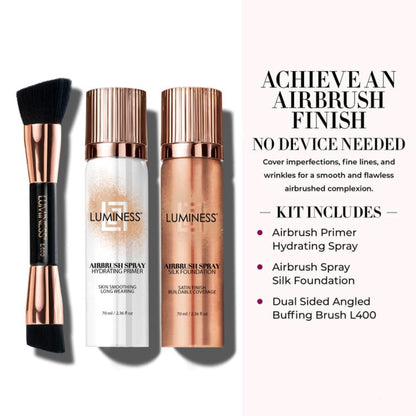 LUMINESS Airbrush Silk Foundation Starter Kit – Warm | Medium Shade, Hydrating Primer & Brush
