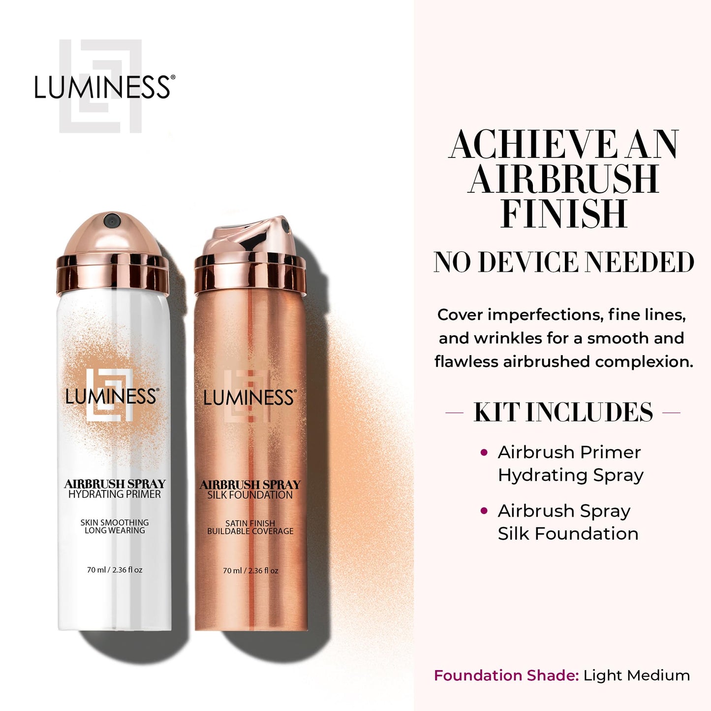 LUMINESS Silk Airbrush Foundation & Hydrating Primer Kit – Full Coverage, Hyaluronic Acid + Silk (Light Medium)