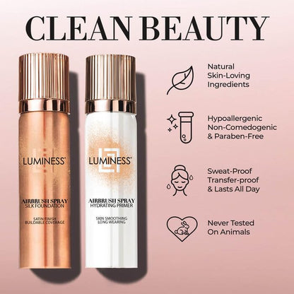 LUMINESS Airbrush Silk Foundation Starter Kit – Warm | Medium Shade, Hydrating Primer & Brush