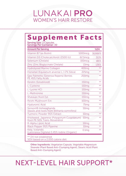 Lunakai PRO: USA-Made Women’s Hair Growth Vitamins – 90 Count