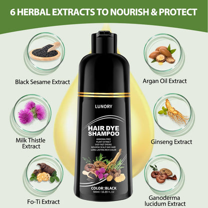 Lunory Black Hair Dye Shampoo – 3-in-1 Color, 100% Gray Coverage, Ammonia & Paraben Free (500ml)