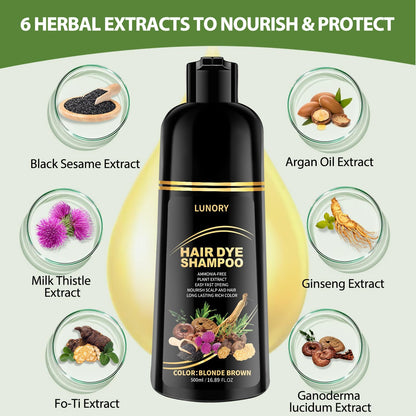 Lunory Blonde Brown Hair Dye Shampoo – Gray Coverage, 3-in-1 Color Shampoo (Argan Oil & Ginseng) 500ml