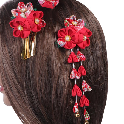Lurrose 3pc Japanese Kimono Flower Hair Clips – Tassel Hairpins, Red