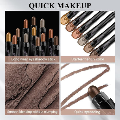 LUXAZA 6PCS Eyeshadow Stick Set – Brown & Grey Metallic & Matte Pencils, Waterproof & Long-Lasting