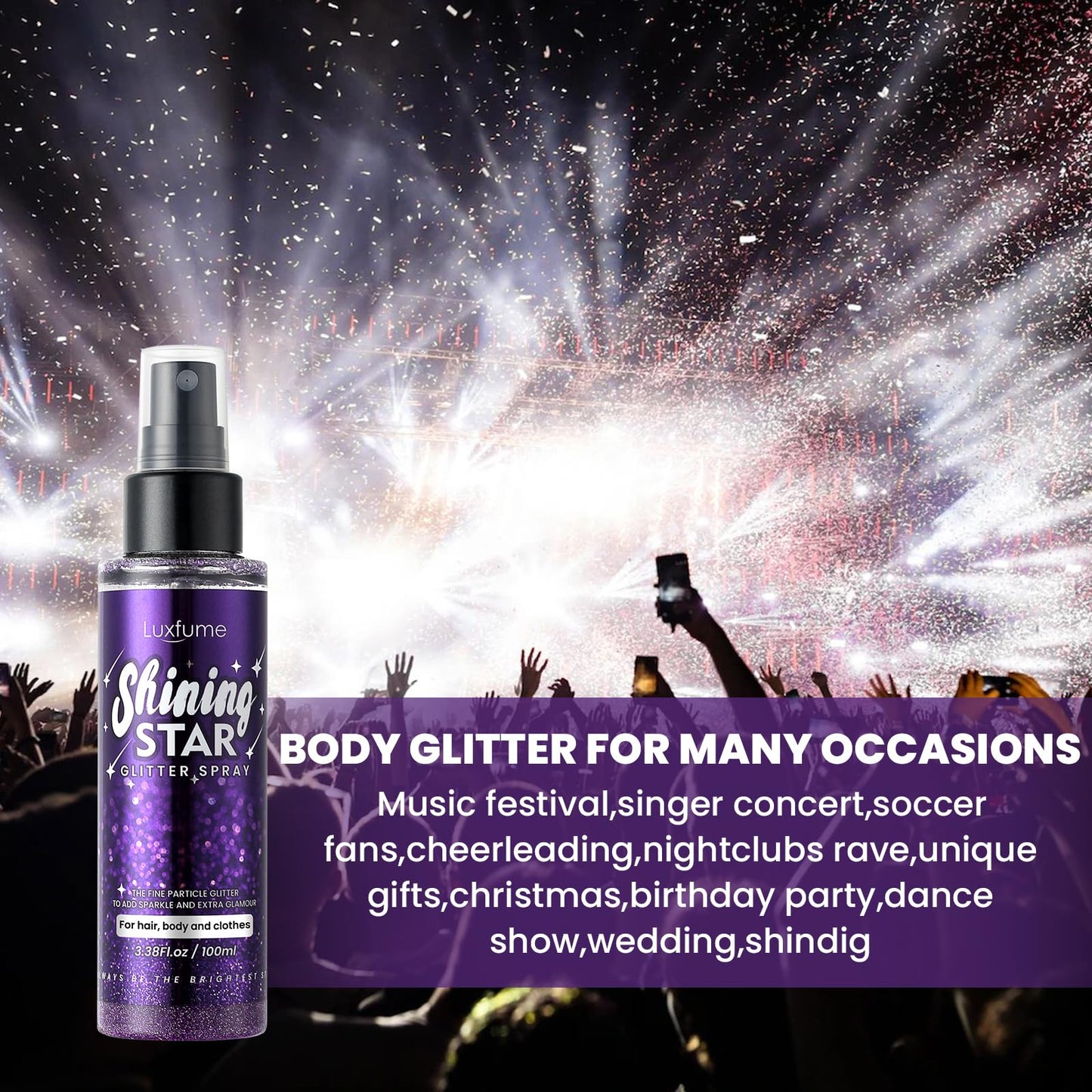 Luxfume Body Glitter Spray | Quick-Drying, Waterproof Glitter Hairspray for Stage Makeup, 3.38 oz