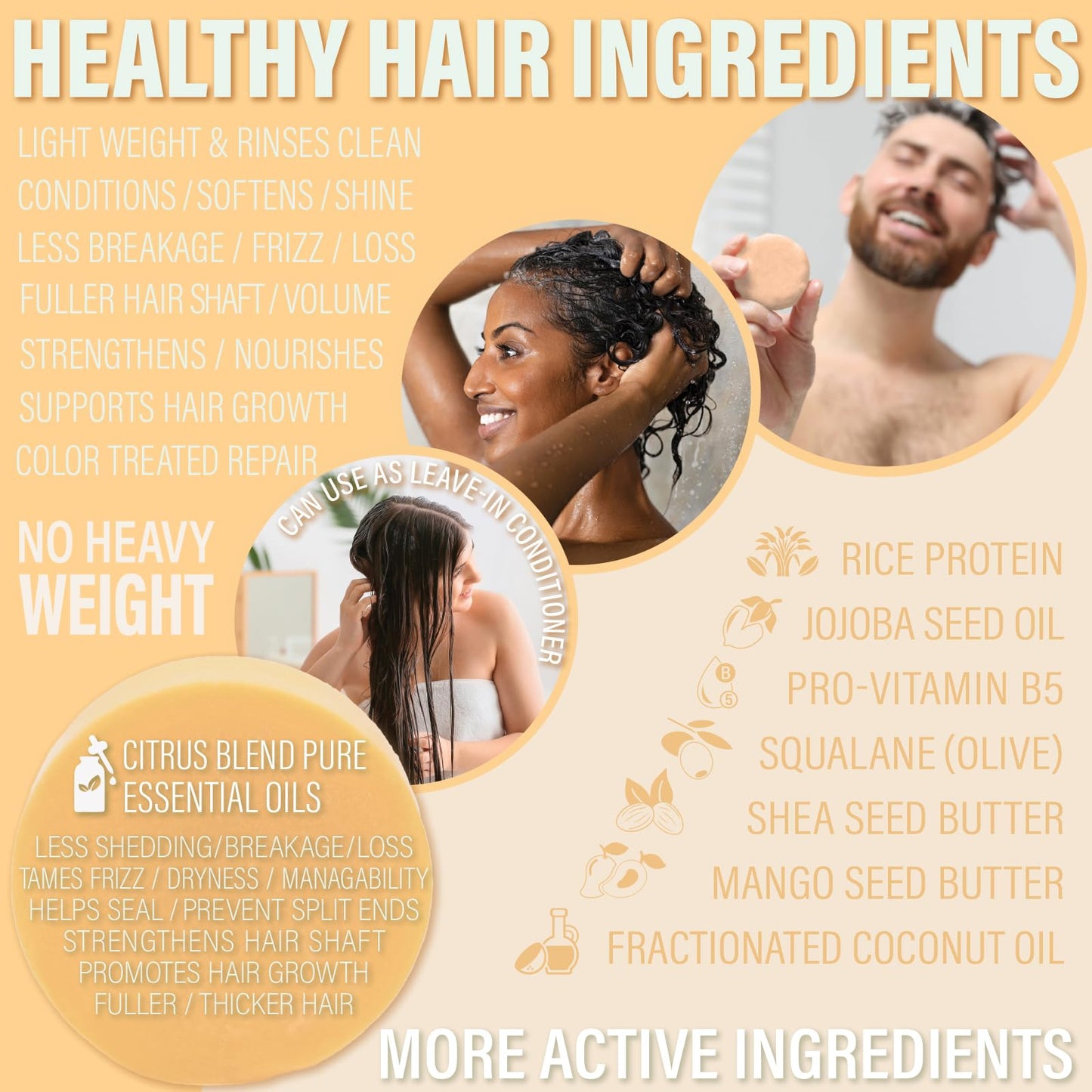 Luxiny Citrus Splash Natural Conditioner Bar — Sulfate-Free, Made in USA, 50g, Up to 70 Uses | Travel & All Hair Types