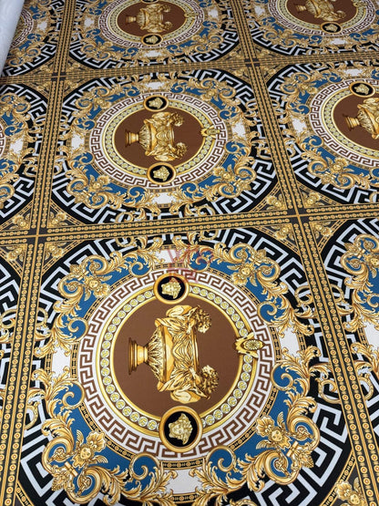 Gold & Blue Ornate Pattern Luxury Baroque Design Fabric by Metre