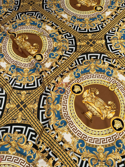 Gold & Blue Ornate Pattern Luxury Baroque Design Fabric by Metre