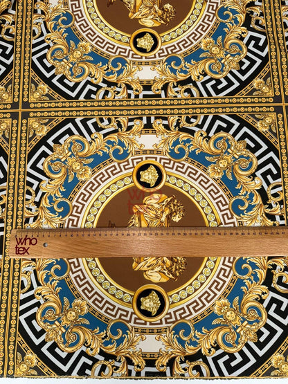 Gold & Blue Ornate Pattern Luxury Baroque Design Fabric by Metre