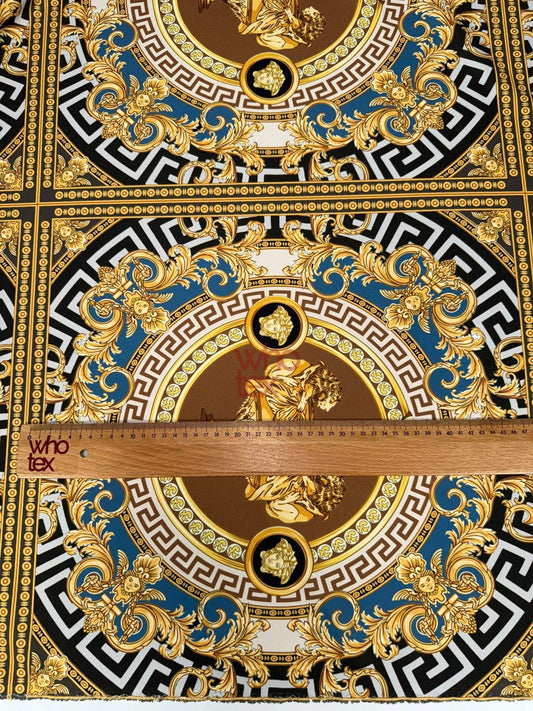 Gold & Blue Ornate Pattern Luxury Baroque Design Fabric by Metre