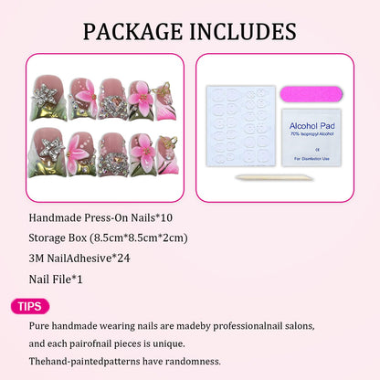Luxury Duck Handmade Press-On Nails – Pink White Flower & Rhinestone Heart, Green French Tip (S)