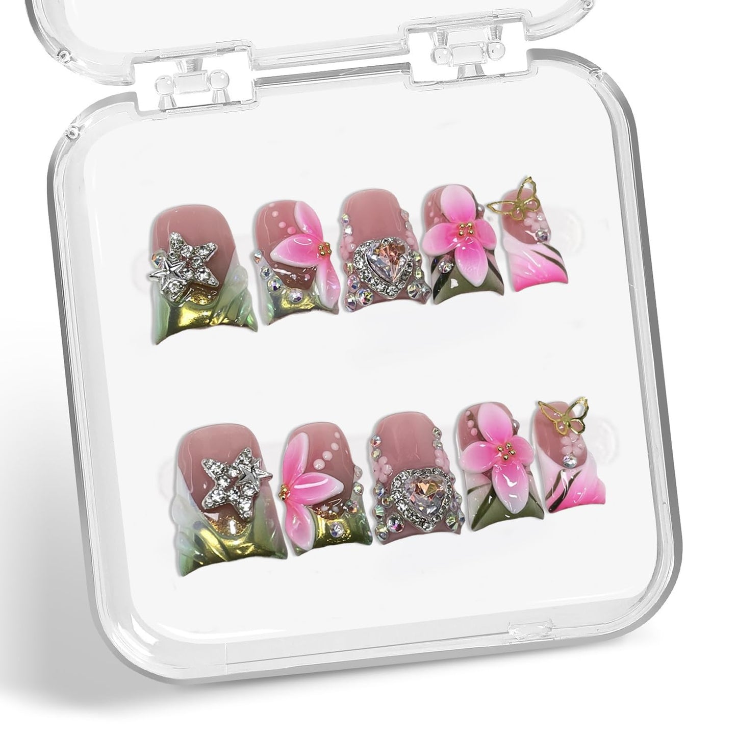 Luxury Duck Handmade Press-On Nails – Pink White Flower & Rhinestone Heart, Green French Tip (S)
