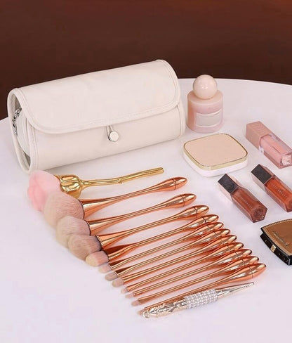 Luxury Leather Makeup Brush Case | Premium Roll-Up Cosmetic Organizer (Rose Pink)