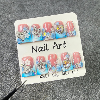 Luxury Press on Nails Short Duck - Handmade 3D Rhinestones, Blue White Gradient French Tip