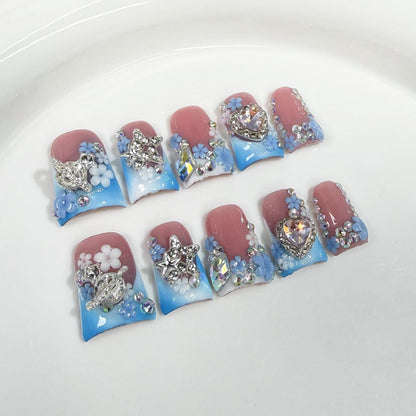 Luxury Press on Nails Short Duck - Handmade 3D Rhinestones, Blue White Gradient French Tip