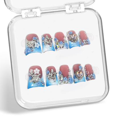 Luxury Press on Nails Short Duck - Handmade 3D Rhinestones, Blue White Gradient French Tip