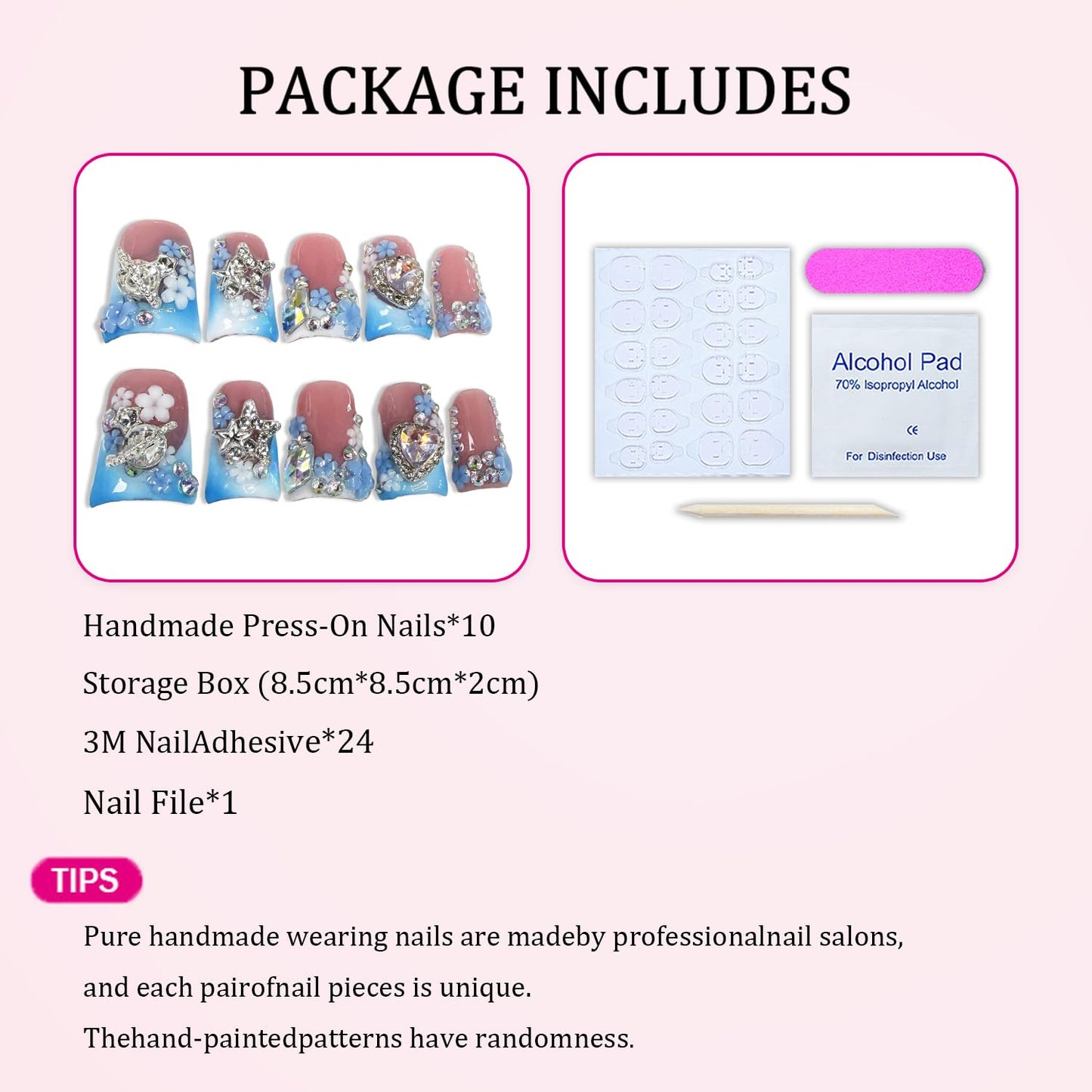 Luxury Handmade Press On Nails – Short Duck, Blue White Gradient, 3D Rhinestones & Floral French Tip (S)