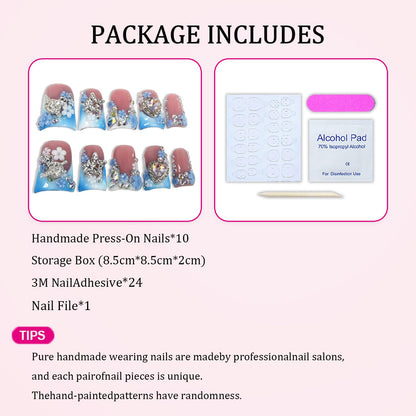 Luxury Handmade Press On Nails – Short Duck, Blue White Gradient, 3D Rhinestones & Floral French Tip (S)