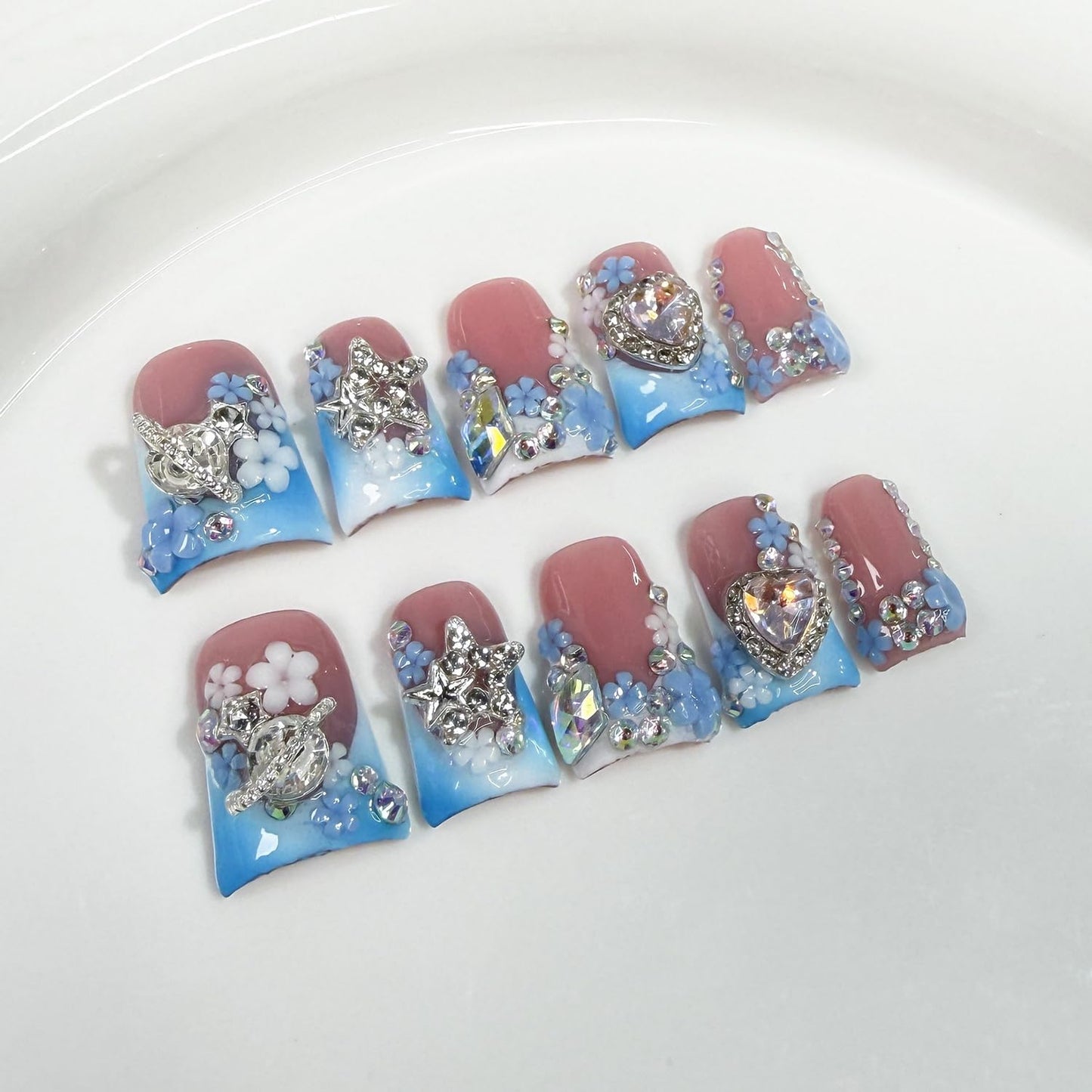Luxury Handmade Press On Nails – Short Duck, Blue White Gradient, 3D Rhinestones & Floral French Tip (S)