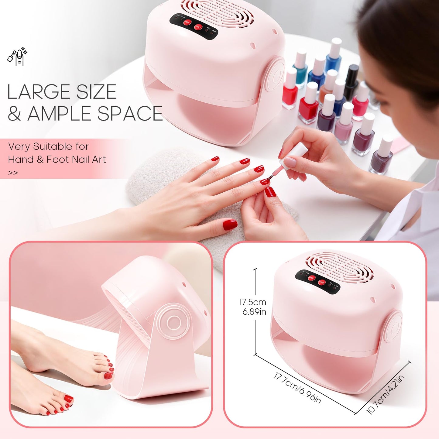LXIANGN Nail Fan Dryer — Adjustable Wind, 100° Rotatable Head, Safe Hot & Cool Air for Regular Polish