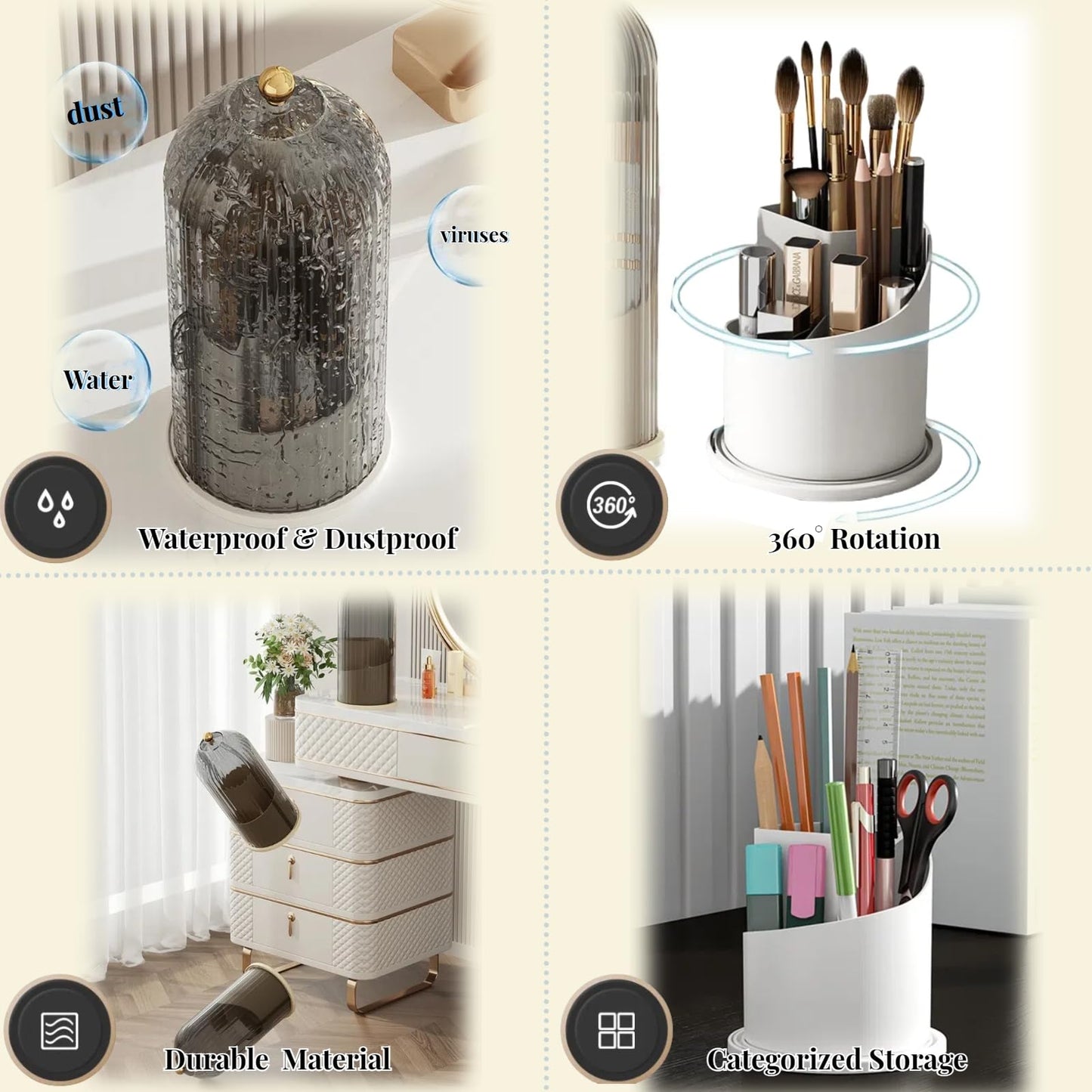 Lyoveu B-H1 Makeup Brush Holder with Dustproof Cover - 360° Rotating Organizer (Gray)