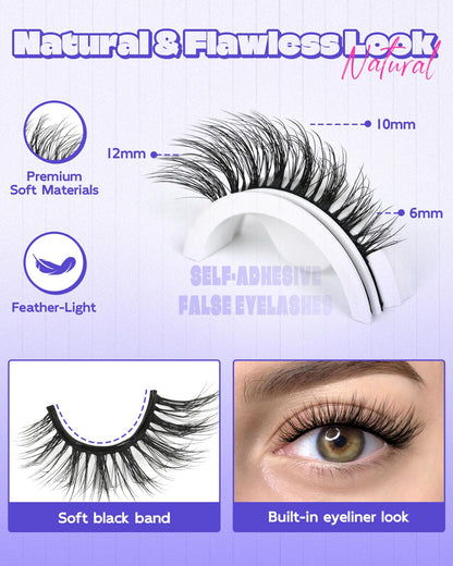 LZM Self-Adhesive Eyelashes Glueless — Natural 6-12mm, Waterproof All-Day Cat Eye Lashes with Tweezer
