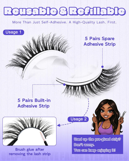 LZM Self-Adhesive Eyelashes Glueless — Natural 6-12mm, Waterproof All-Day Cat Eye Lashes with Tweezer