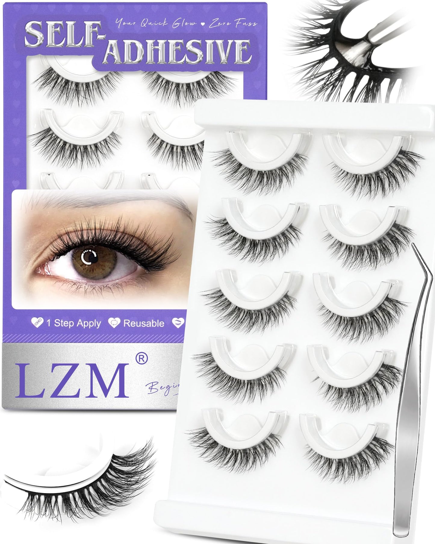 LZM Self-Adhesive Eyelashes Glueless — Natural 6-12mm, Waterproof All-Day Cat Eye Lashes with Tweezer