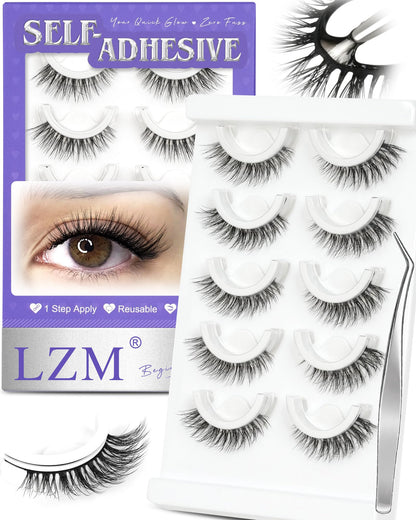 LZM Self-Adhesive Eyelashes Glueless — Natural 6-12mm, Waterproof All-Day Cat Eye Lashes with Tweezer