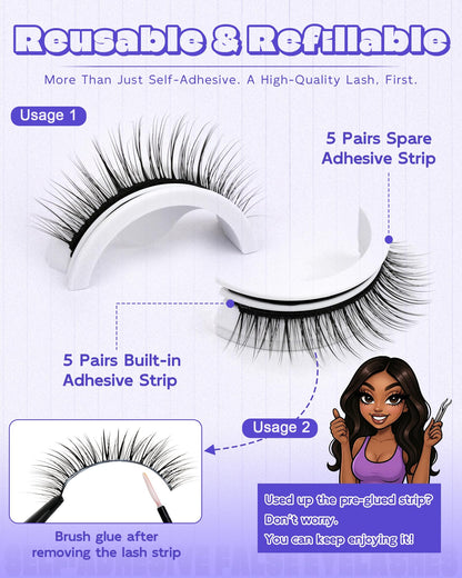 LZM Self-Adhesive Eyelashes – Glueless 7-10mm, Natural Look, All-Day Waterproof Hold + Tweezer Kit