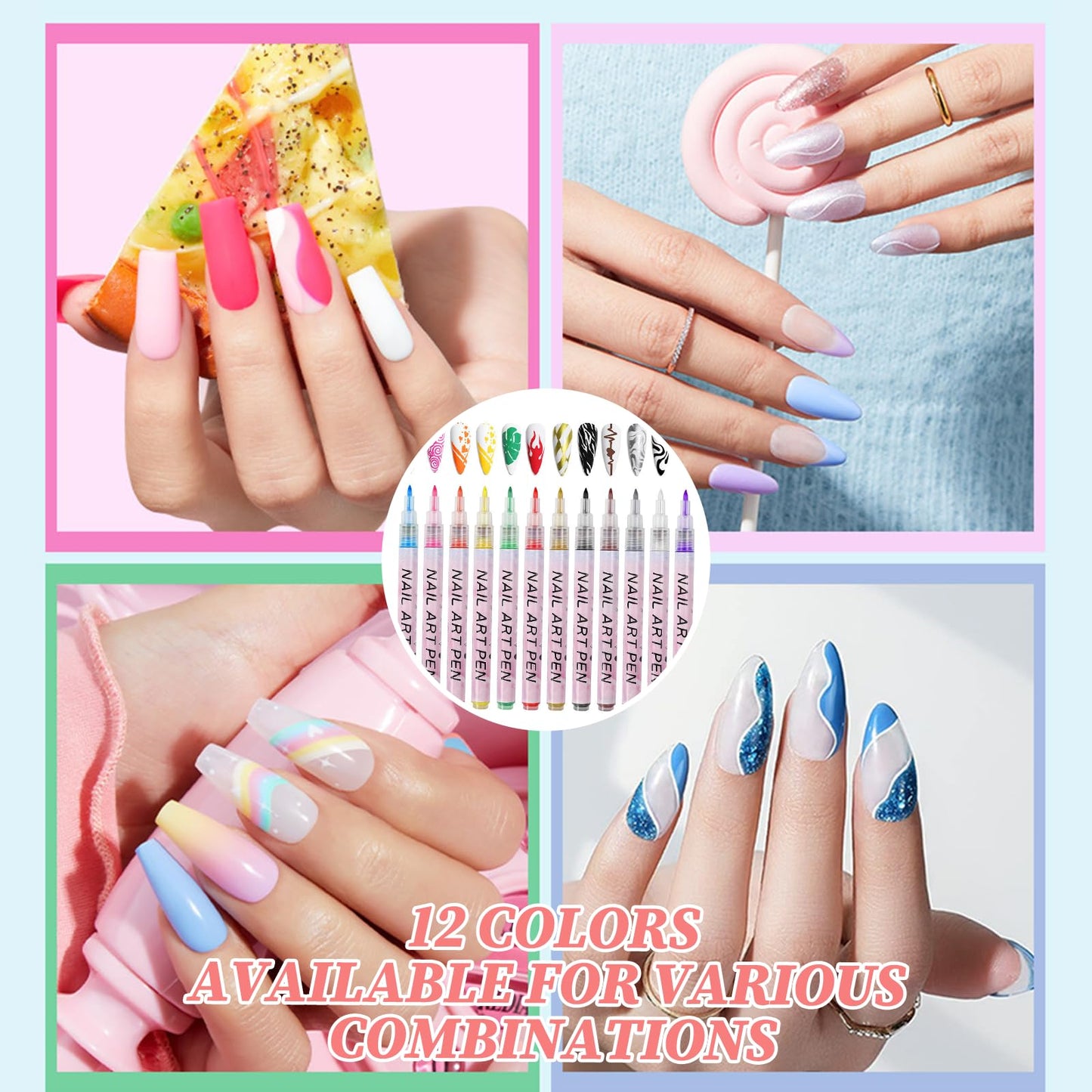 LZUPIKC 12-Color Nail Art Pen Set – 0.7mm Fine Tip, 3D Quick-Dry Nail Polish Pens for DIY Nails