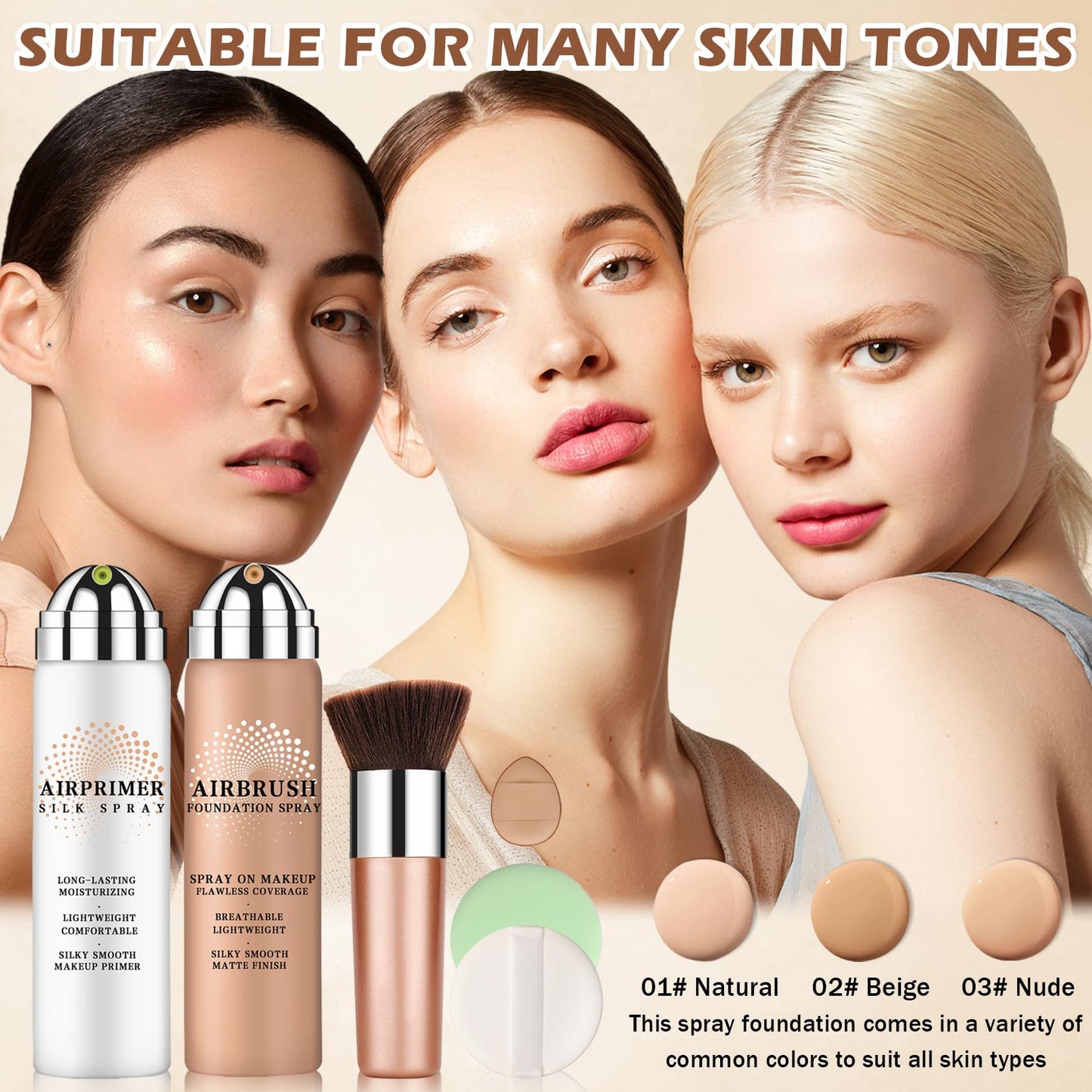 LZXLUKGIR Magic Minerals Airbrush Foundation & Moisturizing Primer – Full Coverage for Mature Skin (Beige 02)