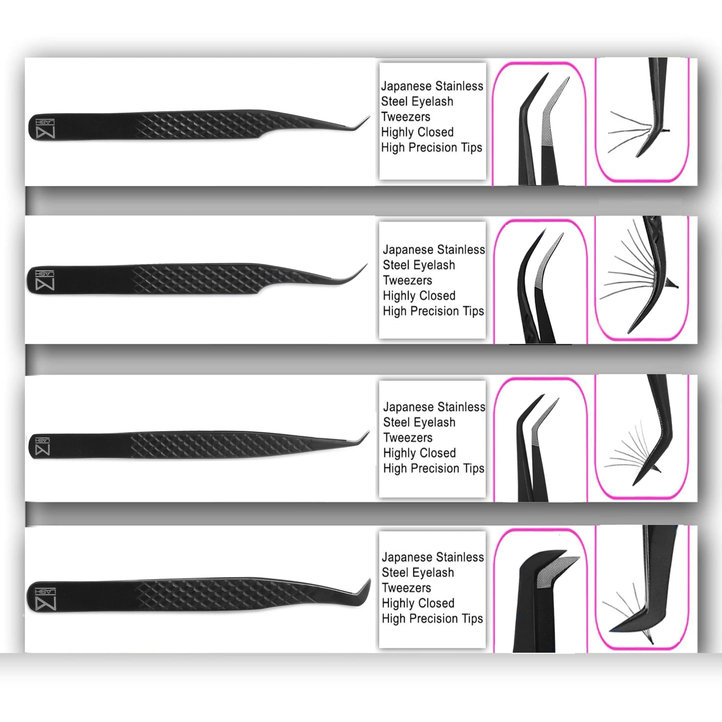 M LASH Tweezers for Eyelash Extensions – 4-Piece Set with Fiber Tip, Japanese Steel, Diamond Grip