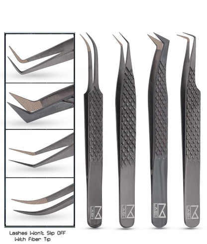 M LASH Tweezers Set of 4 – Fiber Tip, Japanese Steel, Diamond Grip (Black)