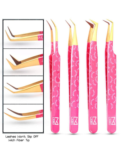 M LASH Tweezers for Eyelash Extensions (Set of 4) – Japanese Steel, Fiber Tip, Diamond Grip