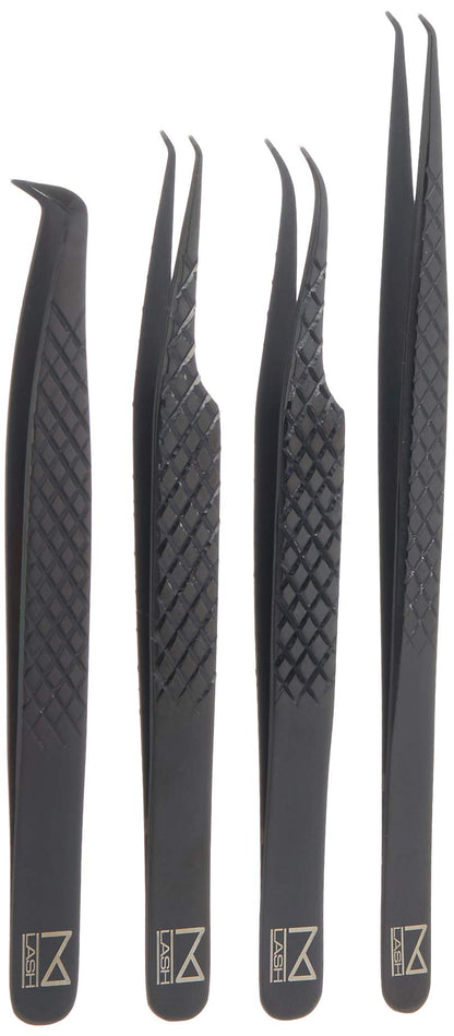 M LASH Tweezers for Eyelash Extensions – 4-Piece Set with Fiber Tip, Japanese Steel, Diamond Grip
