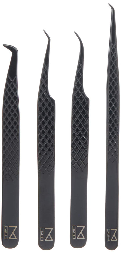 M LASH Tweezers for Eyelash Extensions – 4-Piece Set with Fiber Tip, Japanese Steel, Diamond Grip