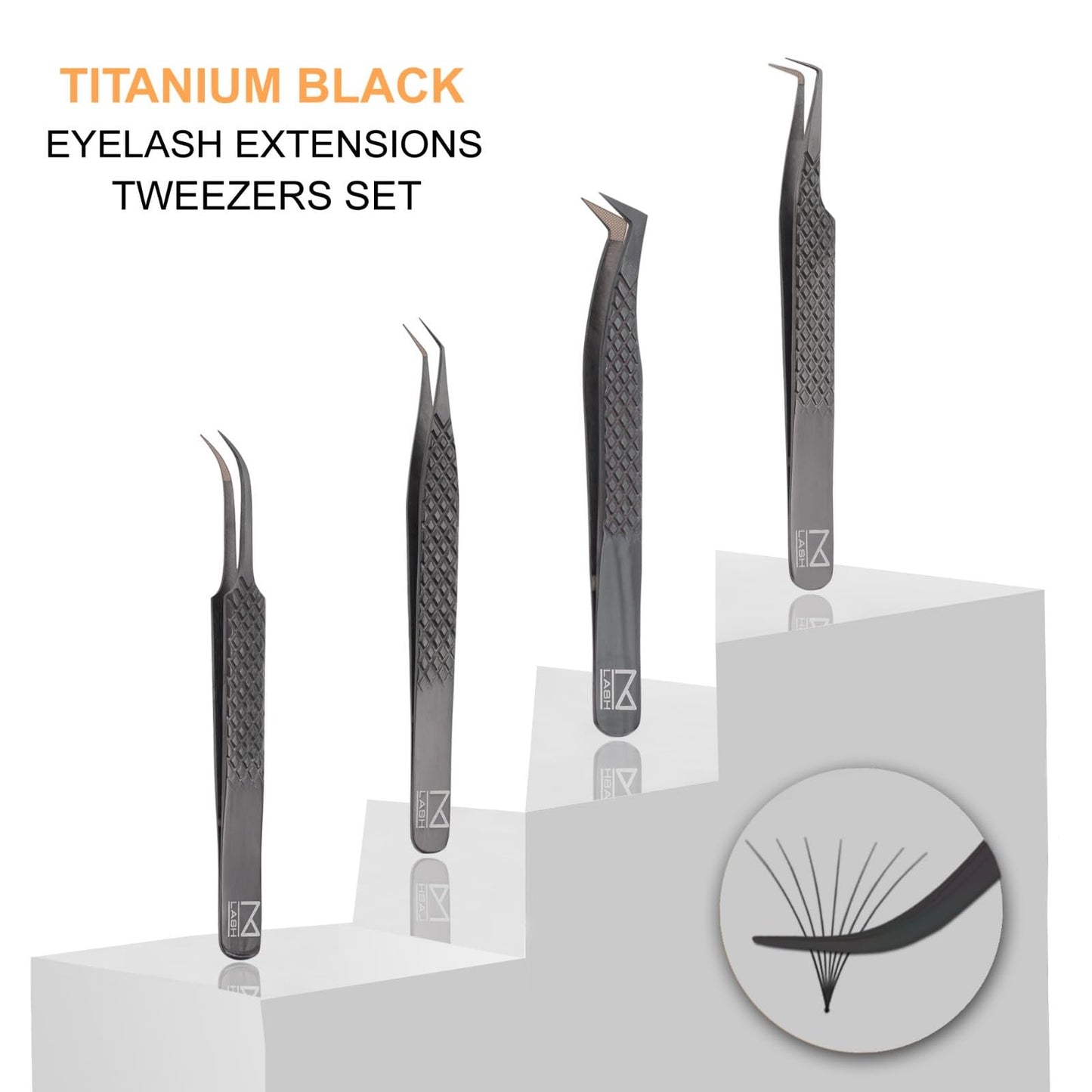 M LASH Tweezers Set of 4 – Fiber Tip, Japanese Steel, Diamond Grip (Black)