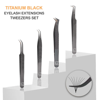 M LASH Tweezers Set of 4 – Fiber Tip, Japanese Steel, Diamond Grip (Black)