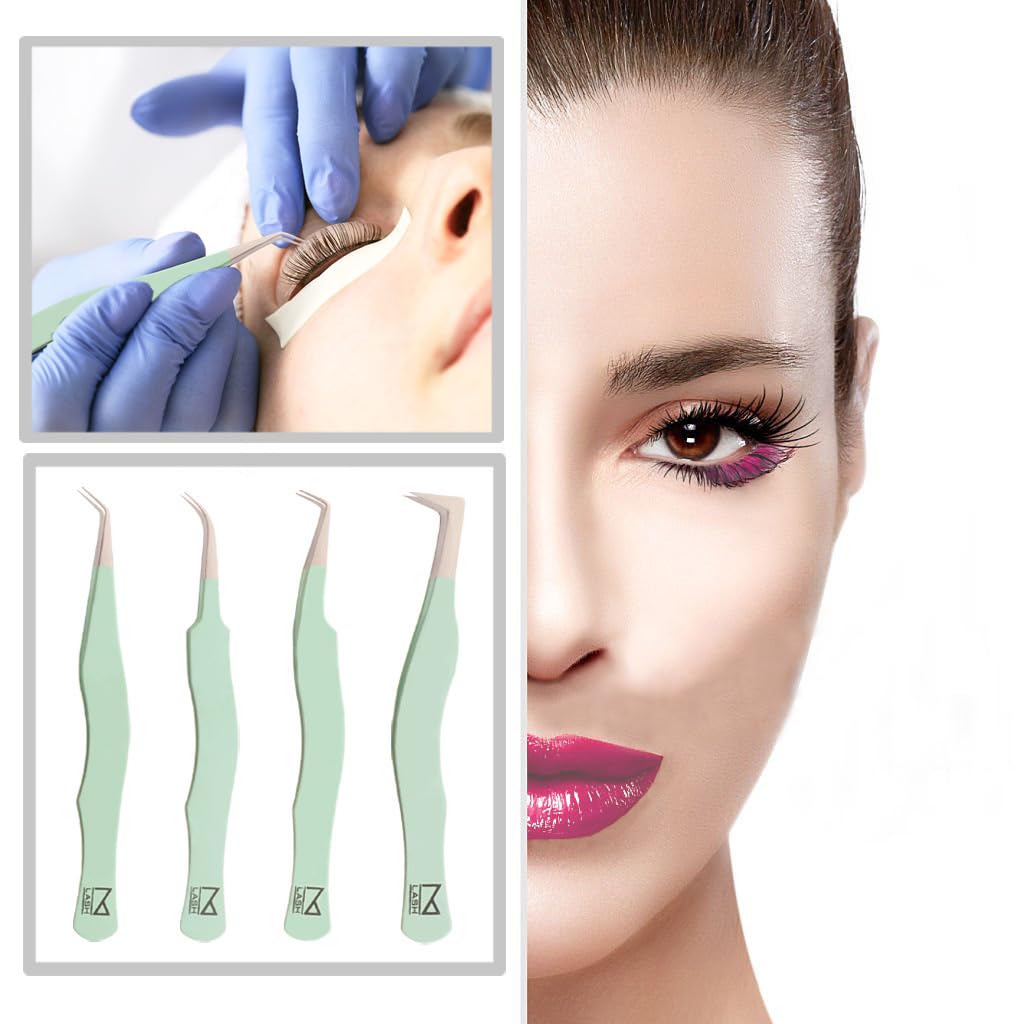 M LASH Tweezers for Eyelash Extensions (Set of 4) | Fiber Tip, Japanese Steel, Diamond Grip